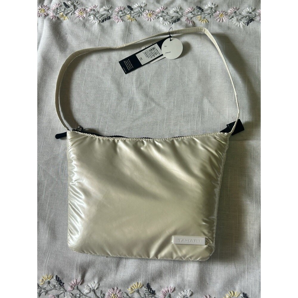 Tahari Women's Shoulder Bag Black Zip Closure White Pearl 8”x7”
